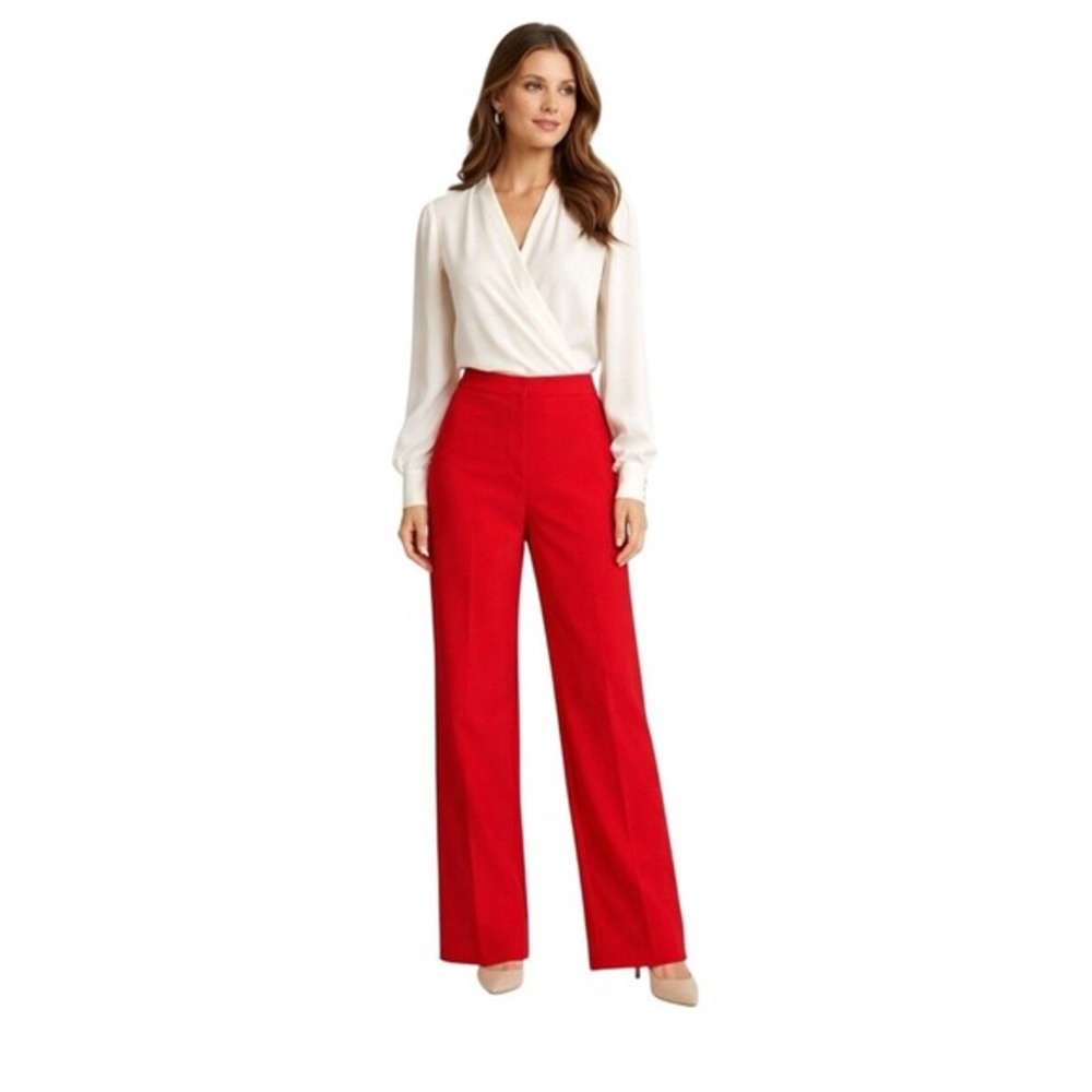 St John Collection‎ Luxe Wide Leg Trouser Bright Red High Rise Dress Pant 2